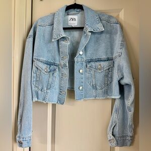 Zara Light Blue Cropped Distressed Denim Jacket